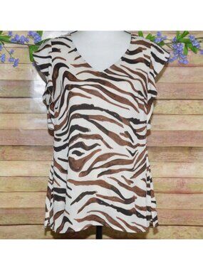 Cabi Ladies Brown Zebra Tiger Print V-Neck Cap Sleeve Blouse Top Size S Chiffon